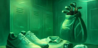 Reglas específicas de equipamiento para competiciones y torneos Equipamiento de golf profesional sobre una mesa en un vestuario, con iluminación suave y fondo futurista en tonos verdes, blancos y negros.