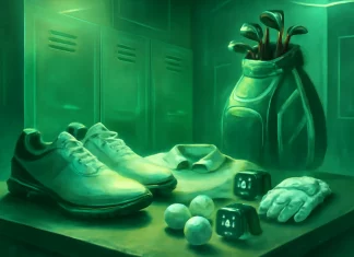 Reglas específicas de equipamiento para competiciones y torneos Equipamiento de golf profesional sobre una mesa en un vestuario, con iluminación suave y fondo futurista en tonos verdes, blancos y negros.