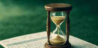 Ritmo de Juego y Penalizaciones por Demora en el Golf Reloj de arena sobre una tarjeta de puntuación con marcas y penalizaciones, simbolizando la urgencia de no retrasar el juego en golf.