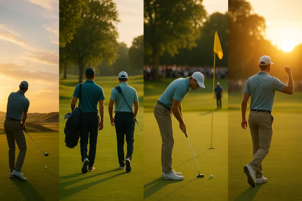 Golfista en secuencia de playoff: desde el tee hasta la celebración tras el putt final en un campo al atardecer
