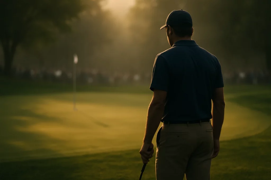 Golfista concentrado frente al green durante un playoff al atardecer, listo para ejecutar un golpe decisivo
