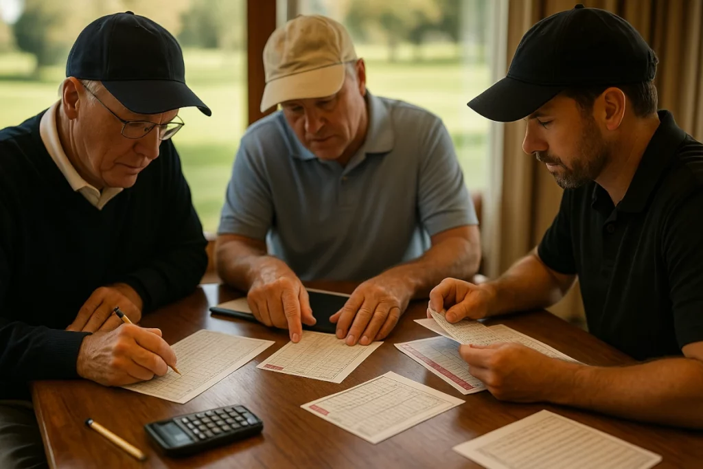 Jueces de golf revisando tarjetas de puntuación para decidir el ganador de un torneo