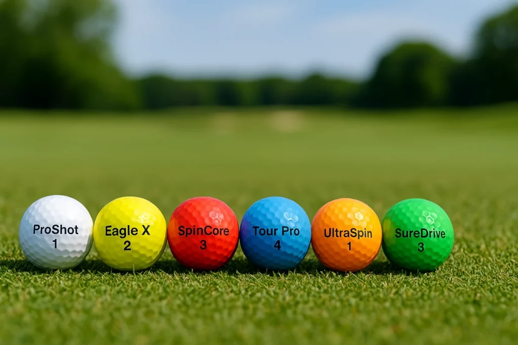 Seis bolas de golf reglamentarias con distintos colores y marcas ficticias sobre el césped