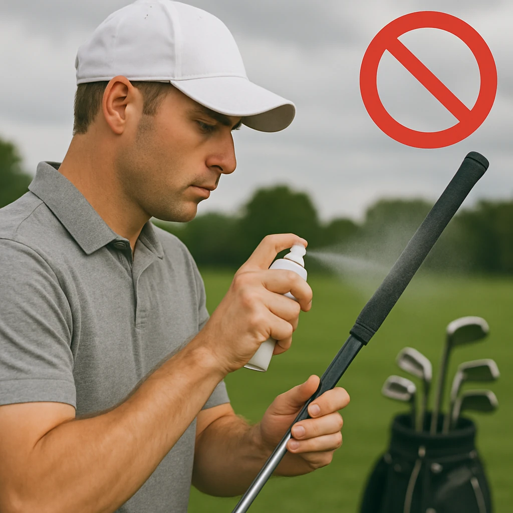 Golfista aplicando sustancia ilegal en el grip del palo con icono de advertencia