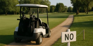 Reglas del Juego: ¿Cómo se Juega al Golf? Carrito de golf circulando por el camino junto al fairway con señal de prohibición