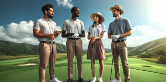 Ilustración de las reglas de etiqueta en el golf, destacando el respeto por el campo, el ritmo de juego, la seguridad y la consideración hacia otros jugadores.