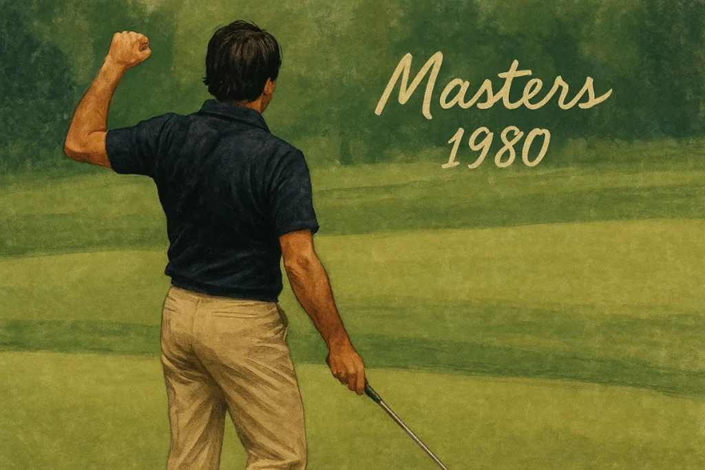 Ilustración de Seve Ballesteros celebrando en Augusta tras ganar el Masters de 1980