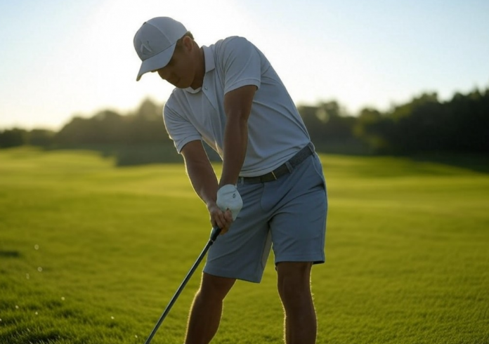 Golfista realizando ejercicios de fortalecimiento del swing con bandas elásticas, pesas ligeras y práctica de técnica.