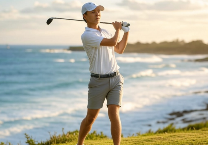 Golfista corrigiendo errores comunes en su swing, ajustando su alineación y postura.