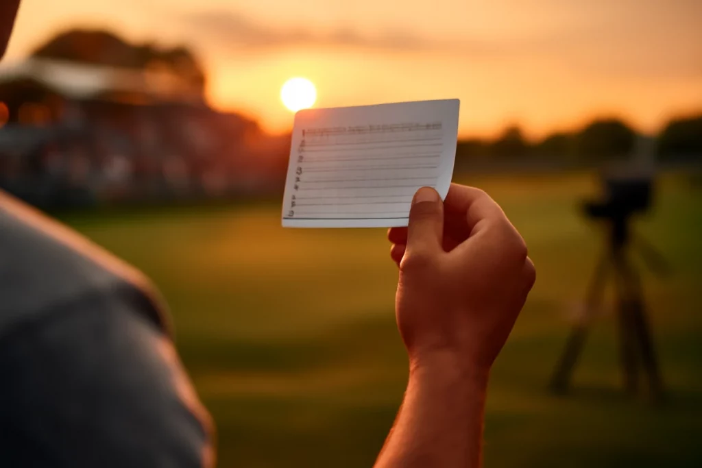 Hombre sosteniendo una tarjeta de puntuación, representando el desempate en golf, con la tarjeta como símbolo del criterio de comparación en caso de empate.