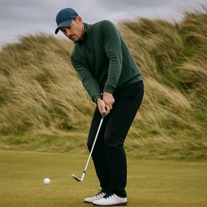 Golfista ejecutando un chip bajo en día ventoso cerca del green
