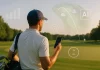 Golfista caminando por el fairway con superposición de gráficos digitales que muestran mapa del hoyo, trayectoria del golpe, estadísticas e inteligencia artificial aplicada al juego.