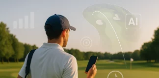 Apps y Software para Mejorar tu Juego de Golf Golfista caminando por el fairway con superposición de gráficos digitales que muestran mapa del hoyo, trayectoria del golpe, estadísticas e inteligencia artificial aplicada al juego.