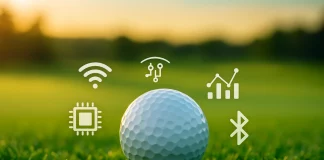 Bolas de Golf Inteligentes: ¿Realmente Marcan la Diferencia? Bola de golf sobre césped al atardecer, rodeada de iconos de tecnología como Wi-Fi, microchip, gráficos y Bluetooth, simbolizando sus funciones inteligentes.