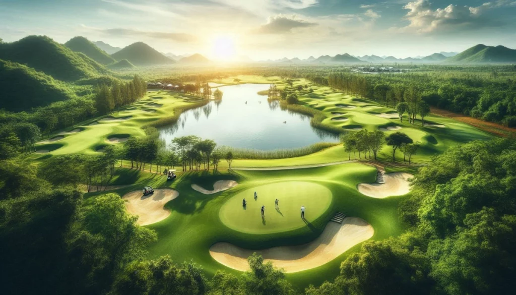 Vista aérea de un campo de golf con fairways, greens, bunkers y obstáculos de agua.