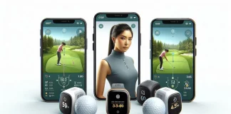 Golfista utilizando un sensor de análisis de swing en su palo de golf.