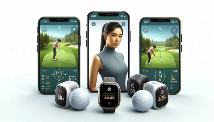 Golfista utilizando un sensor de análisis de swing en su palo de golf.