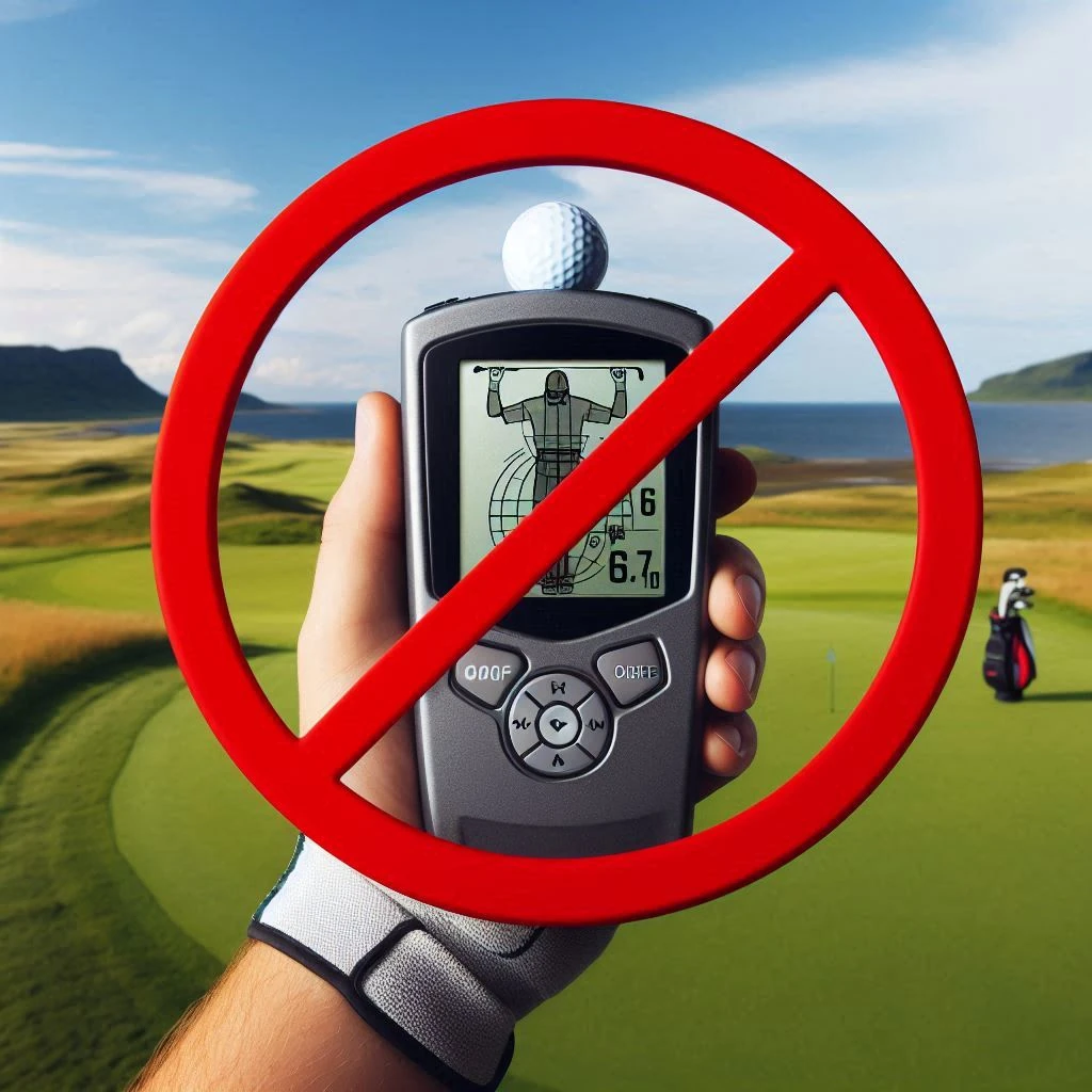Golfista consultando un telémetro láser en el campo de golf, con una señal de prohibición sobre el dispositivo.