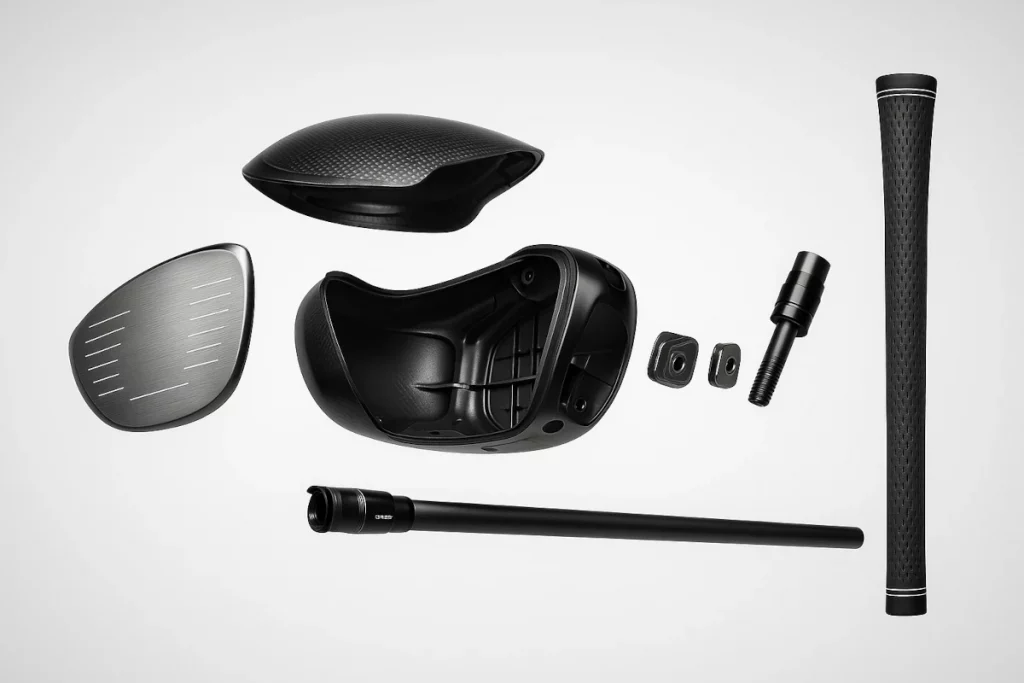 Driver de golf desmontado con sus componentes separados en vista técnica