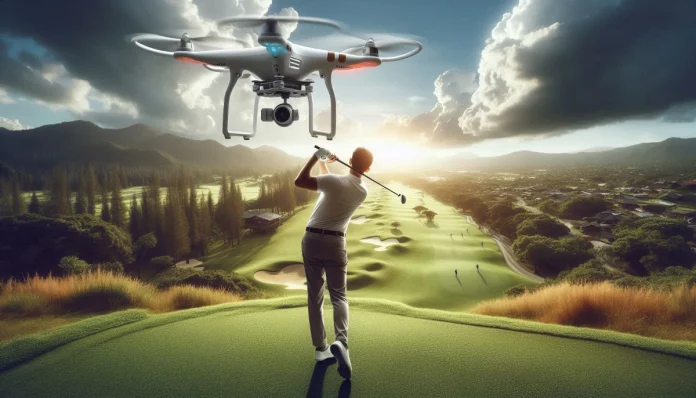 Dron sobrevolando un campo de golf durante un torneo profesional.