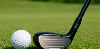 Híbrido de golf colocado junto a una bola sobre césped