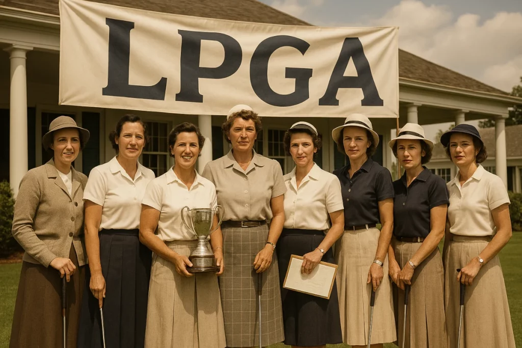 Grupo de mujeres golfistas en 1950 posando frente a una pancarta del LPGA en un club de golf