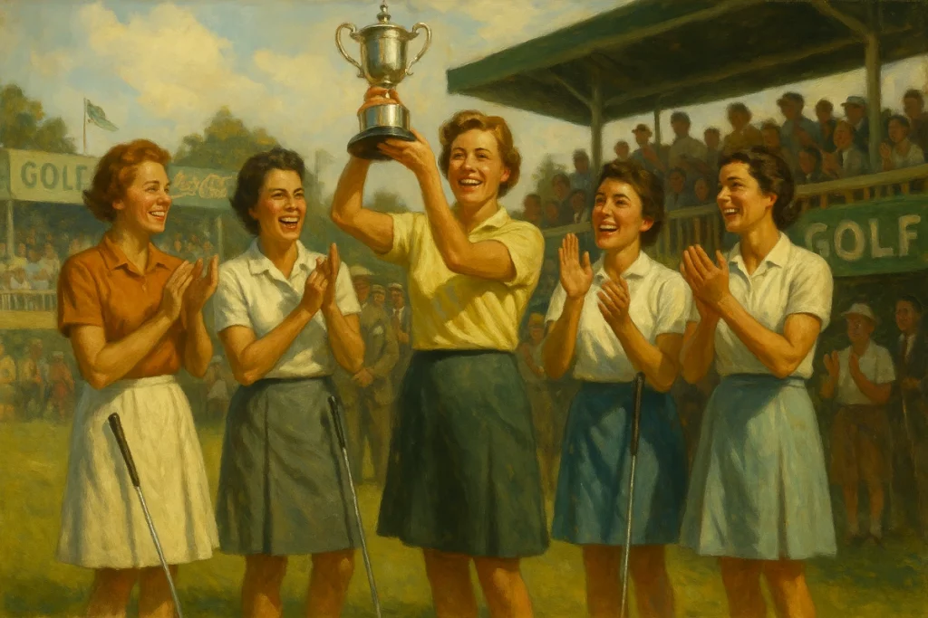 Golfista celebrando con un trofeo en los años 60 junto a otras jugadoras del LPGA y público en un torneo femenino