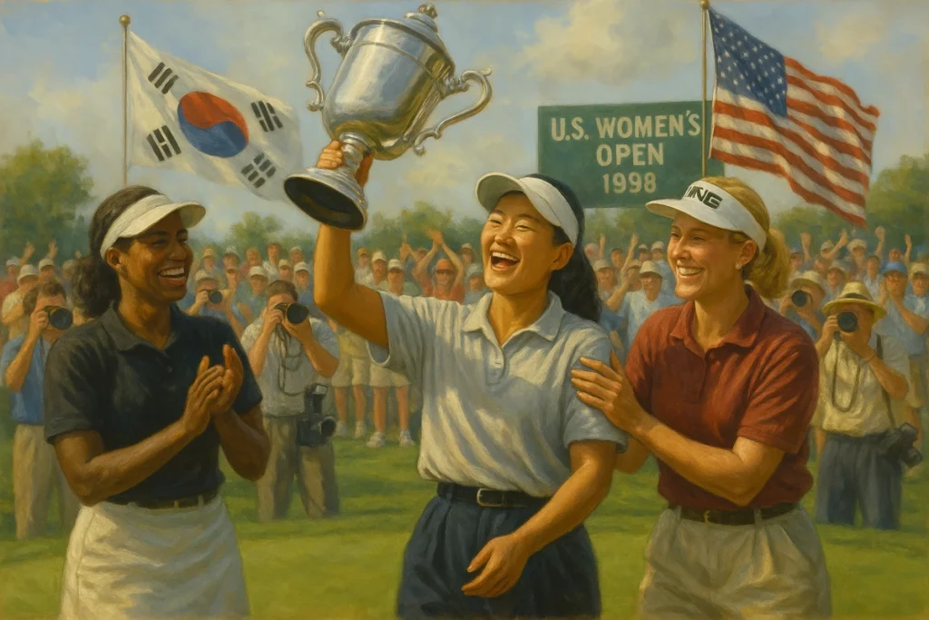 Jugadora asiática levantando el trofeo del U.S. Women’s Open 1998 junto a compañeras blanca y negra, con público y banderas de Corea del Sur y Estados Unidos