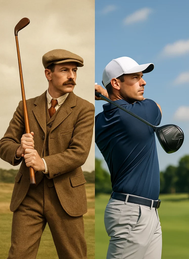 Comparación visual entre un golfista clásico con palo de hickory y uno moderno con equipo tecnológico