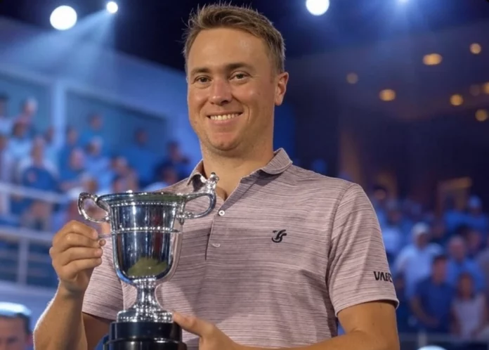 Imagen generada de Justin Thomas recibiendo un trofeo tras una victoria en un torneo de golf, celebrando su éxito.