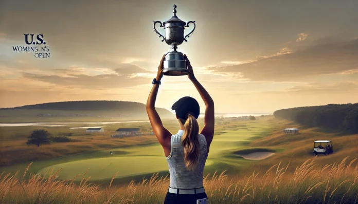 Jugadora de golf celebrando su victoria en el U.S. Women’s Open con un trofeo en sus manos y un campo de golf de fondo.