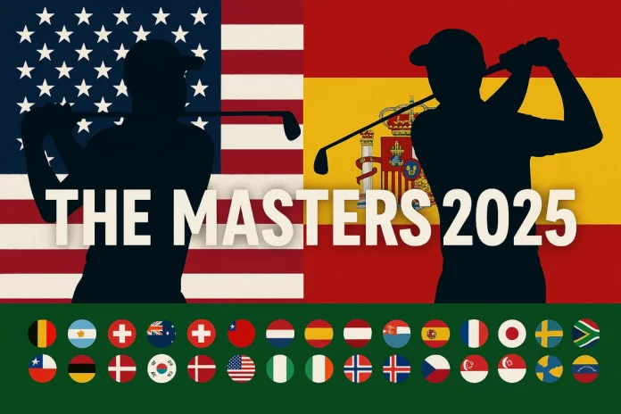 Ilustración del Masters 2025 con siluetas de golfistas, chaqueta verde y banderas internacionales