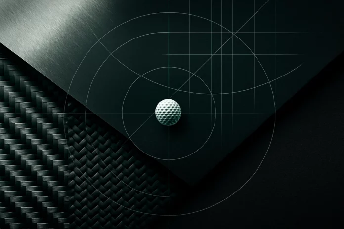 Collage abstracto con titanio, fibra de carbono y polímero negro, simbolizando la tecnología en los palos de golf