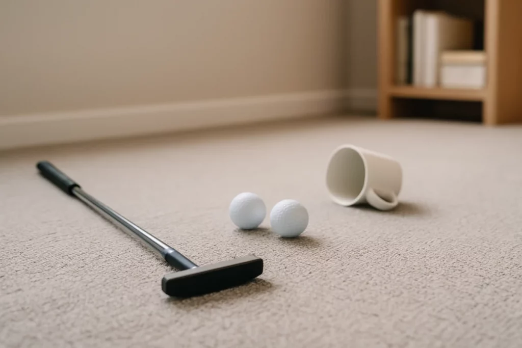 Putter, bolas de golf y taza tumbada sobre una alfombra lisa como hoyo improvisado para entrenar el putt en casa

