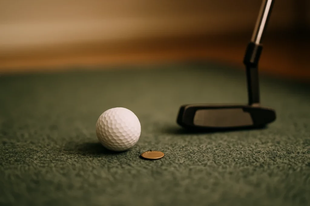 Bola de golf junto a una moneda sobre moqueta, ejercicio de putt casero para entrenar la precisión sin salir de casa