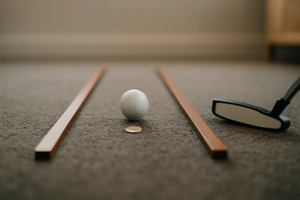 Bola de golf alineada entre dos varillas sobre moqueta, ejercicio casero para mejorar la alineación en el putt