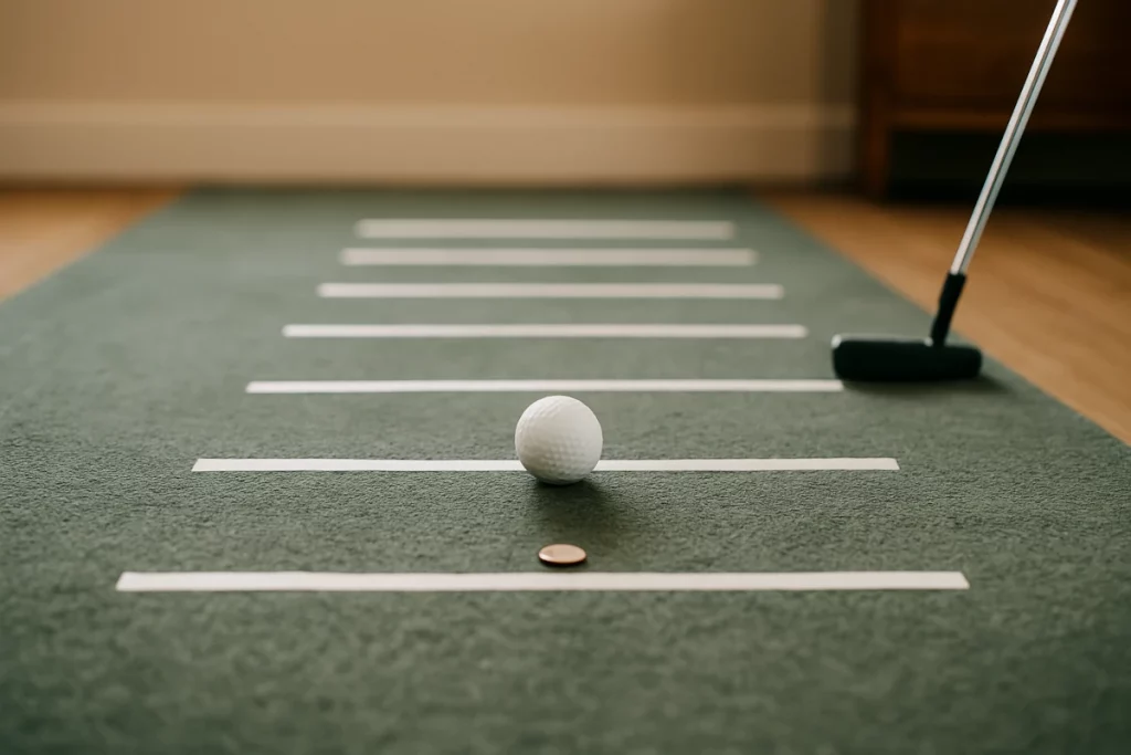 Bola de golf sobre moqueta con marcas adhesivas en el suelo para practicar la fuerza y control de distancia en el putt en casa