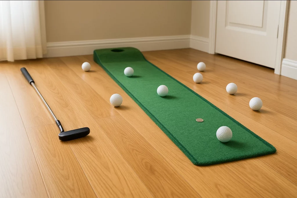 Tapete de putt en casa con varias bolas alineadas desde distintos ángulos para simular situaciones reales de juego