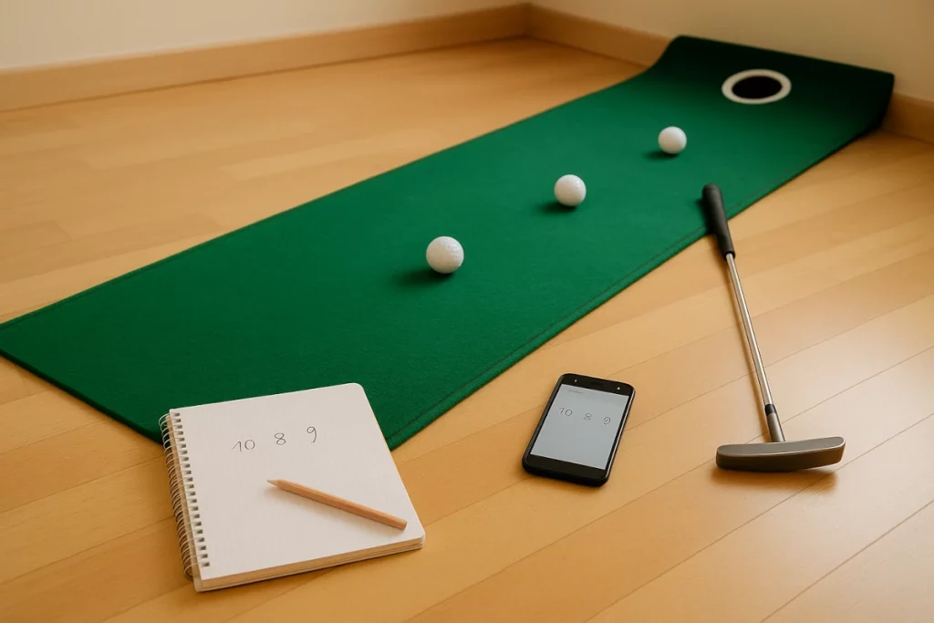 Tres bolas de golf alineadas a 1, 2 y 3 metros de un hoyo simulado, con libreta de anotación, para entrenar el putt y medir el progreso en casa