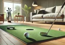 Cómo Entrenar el Putt en Casa: Ejercicios prácticos para Mejorar tu Juego Corto Zona de práctica de putt en casa con alfombra, bola y putter
