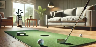 Cómo Entrenar el Putt en Casa: Ejercicios prácticos para Mejorar tu Juego Corto Zona de práctica de putt en casa con alfombra, bola y putter