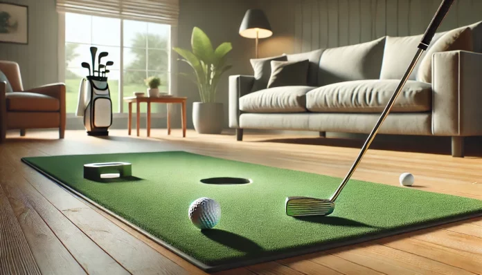 Zona de práctica de putt en casa con alfombra, bola y putter