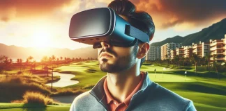 Golfista utilizando gafas de realidad virtual con un simulador de golf en pantalla.
