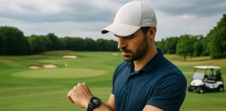 Golfista mirando su reloj GPS durante una ronda en el campo