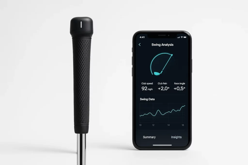 Palo de golf con sensor de swing y móvil mostrando análisis técnico en app