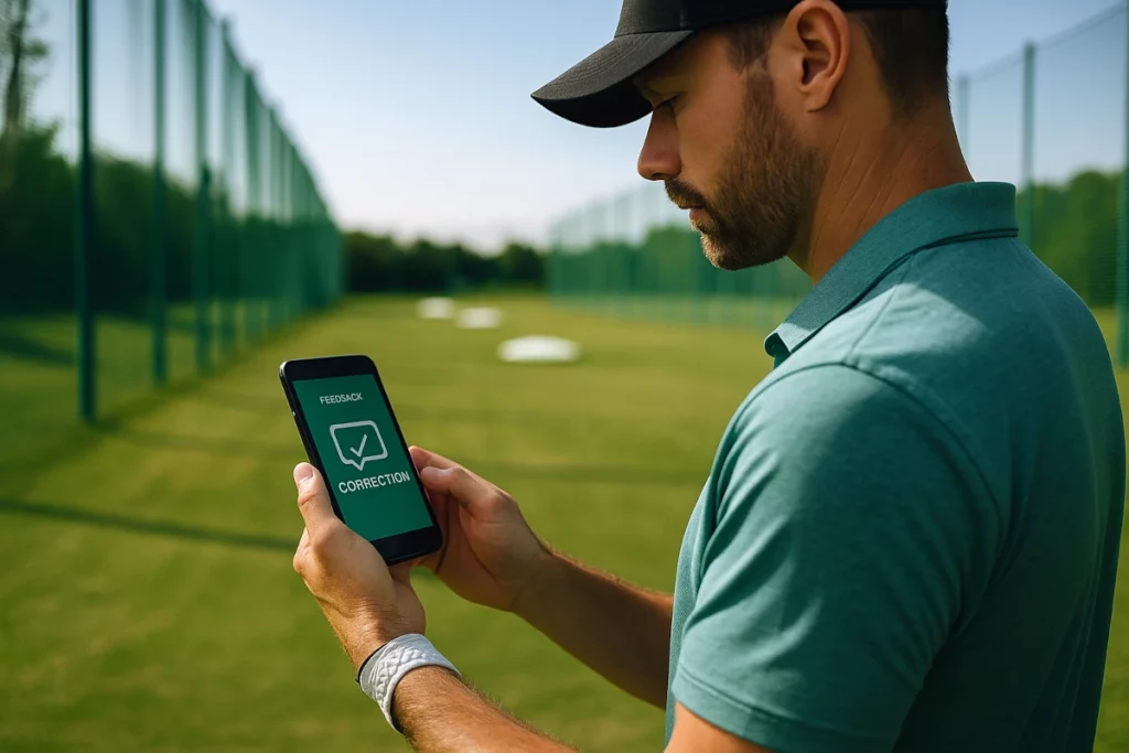 Golfista en campo de prácticas revisando feedback de corrección de swing en su móvil