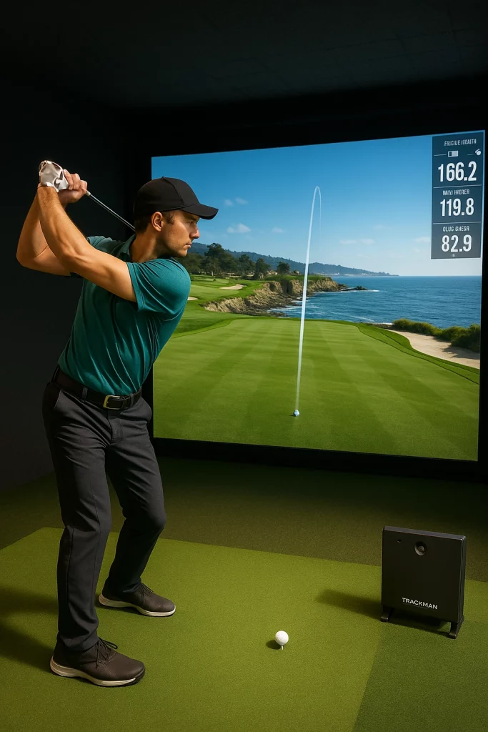 Golfista practicando en un simulador indoor con pantalla envolvente