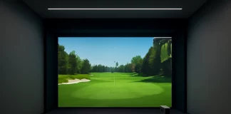 Simulador de golf con pantalla digital mostrando un campo de golf virtual.