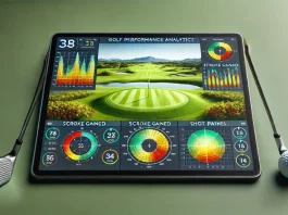 Gráfico de rendimiento en golf con zonas de colores y trayectorias sobre un green