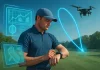 La Revolución Tecnológica en el Golf Golfista usando tecnología avanzada para analizar su golpe con un dron y pantallas holográficas